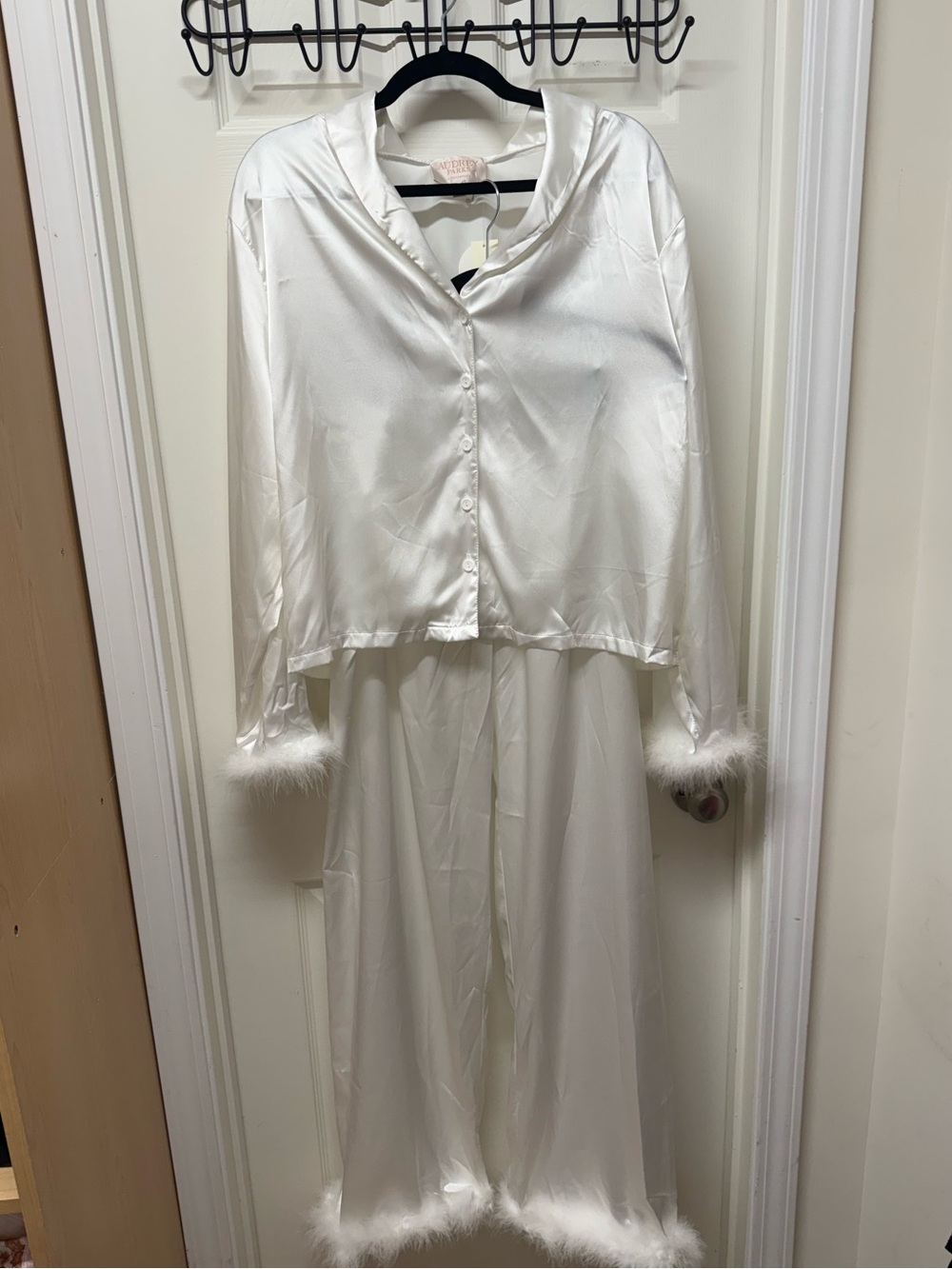 Francesca’s Bridal Satin Pajama Set with Feather Trim - White